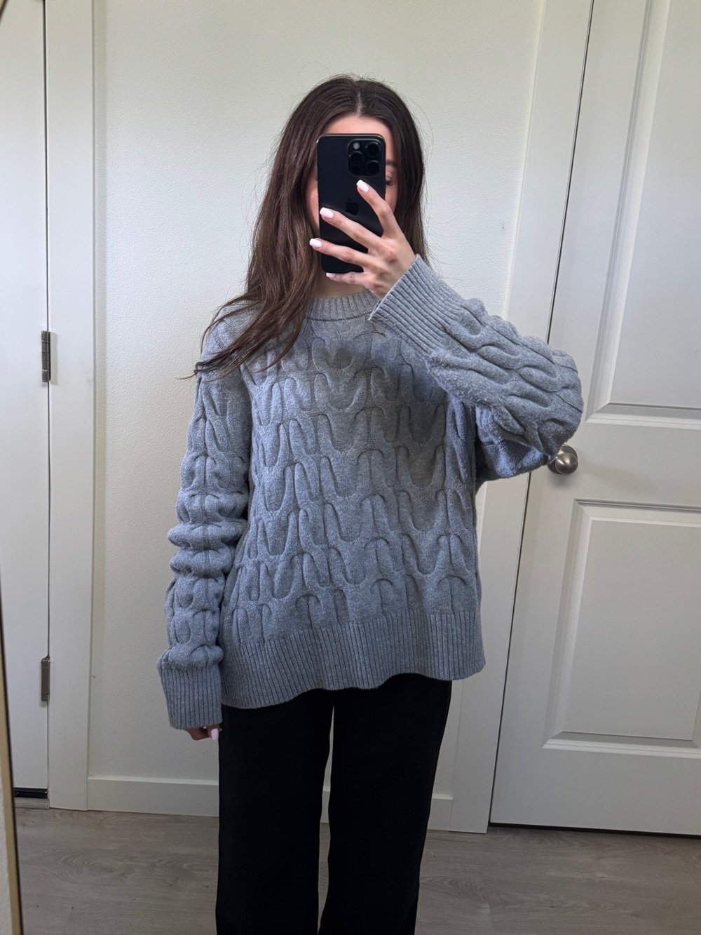 Light Gray Cable Knit Crewneck Sweater